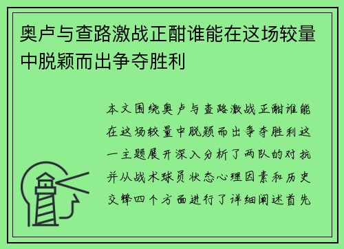 奥卢与查路激战正酣谁能在这场较量中脱颖而出争夺胜利